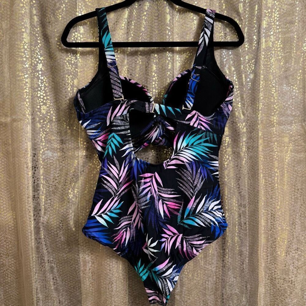 Swimsuits For All Black Pink Blue Tropical Leaf Print One Piece Monokini Size 14 - Picture 2 of 8